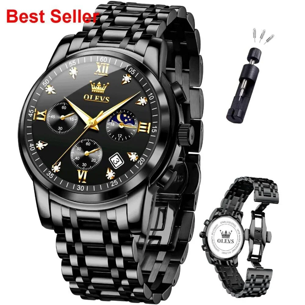 Stainless Steel Moon Phase Chronograph Watch with Date Display